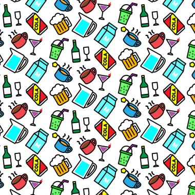 Renkli desen arka plan beyaz arka plan üzerinde çeşitli içki simgesinin