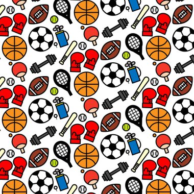 Renkli desen arka plan beyaz arka plan üzerinde çeşitli spor simgesinin