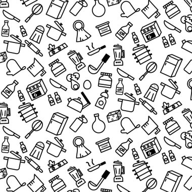 Basit model arka plan anahat beyaz arka plan üzerinde çeşitli mutfak eşyaları simgesinin