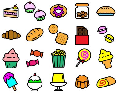 Çeşitli tatlı simgesi beyaz arka plan üzerinde renkli