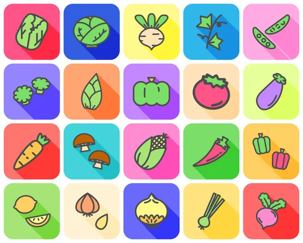 Renkli düz simgesi beyaz arka plan üzerinde uzun gölge kavramı ile çeşitli sebze simgesinin