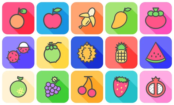 Renkli düz simgesi beyaz arka plan üzerinde uzun gölge kavramı ile çeşitli meyve simgesinin