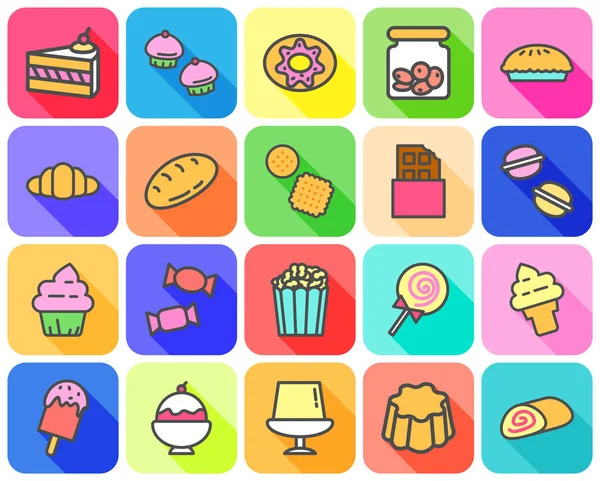 Renkli düz simgesi beyaz arka plan üzerinde uzun gölge kavramı ile çeşitli tatlı simgesinin