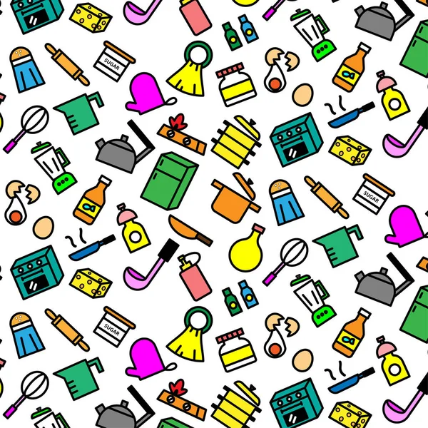 Renkli desen arka plan beyaz arka plan üzerinde çeşitli mutfak eşyaları simgesinin