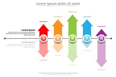 Web sitesi tanıtım kapak poster vektör tasarım Infographic illüstrasyon kavramı için beş konu ok ile zaman çizelgesi üzerinde 3D renkli mermer daire