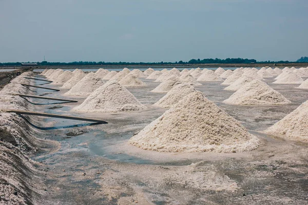 Viele Weiße Salzhaufen Salzfarm Thailand Produktionssalz Aus Dem Meerwasser Gewonnen — Stockfoto