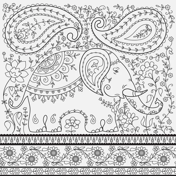 Elefante Fiori Stampa Bianco Nero Pagina Colorare Stile Bohémien — Vettoriale Stock