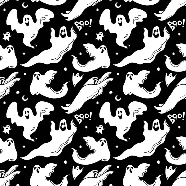 万圣节滑稽的幽灵无缝的模式在黑白 — 图库矢量图片