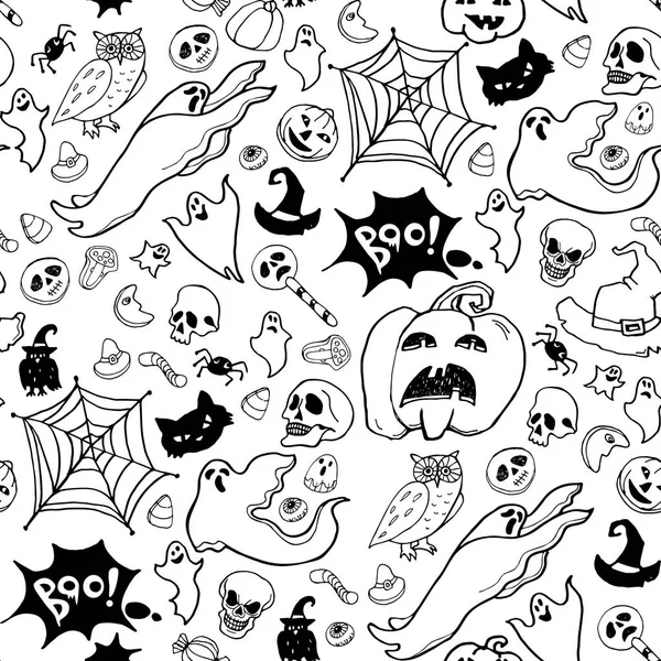 Elementos Dibujados Mano Halloween Fondo Sin Costuras Blanco Negro — Archivo Imágenes Vectoriales