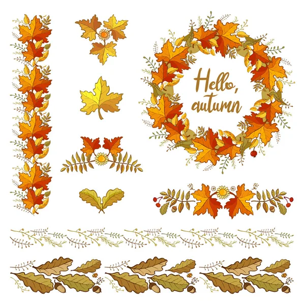Набор Осенних Цветочных Элементов Редактируемая Кисть Дуб Кленовые Листья Травы — стоковый вектор