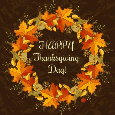 Mutlu Şükran günü tebrik kartı şablonu. Garland koyu kahverengi zemin yaprak