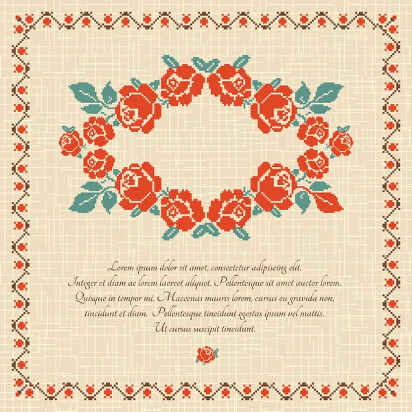 Bestickte Rosen Floralen Hintergrund Grußkarte Einladungsvorlage Retro Stil — Stockvektor