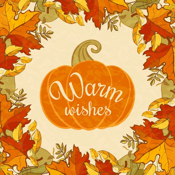 Warm Wishes Thanksgiving Design Template Frame Autumn Leaves Pumpkin Text — Stock Vector