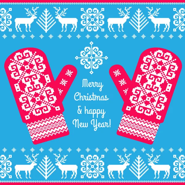 Tradition Patterned Mittens Knitted Ornament Christmas Card Template — Stock Vector