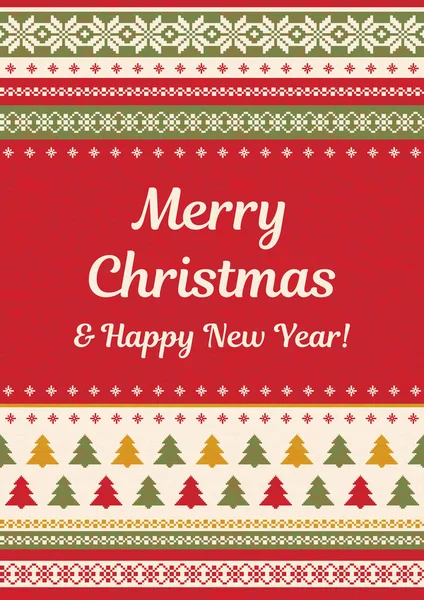 メリー クリスマスと新年のグリーティング カードやデザインのバナー テンプレート 伝統的なニットの背景 雪の結晶とモミの木 — ストックベクタ