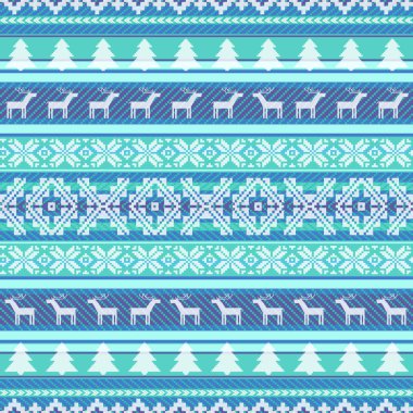 Mavi ve beyaz kış seamless modeli. Motifleri örgü Taditional: Geyikler, snowlakes ve köknar ağaçları. Noel ve yeni yıl tasarım, dokulu arka plan