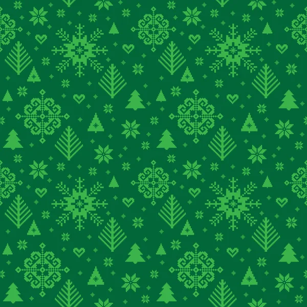 Patrón Sin Costura Ornamental Navidad Verde Motivos Tradicionales Punto — Vector de stock