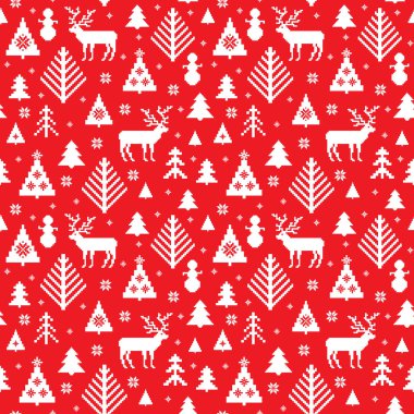 Gelenek motifleri örgü. Kış orman, ağaç, geyikler, kardan adam kırmızı ve beyaz. Noel ve yeni yıl kesintisiz arka plan