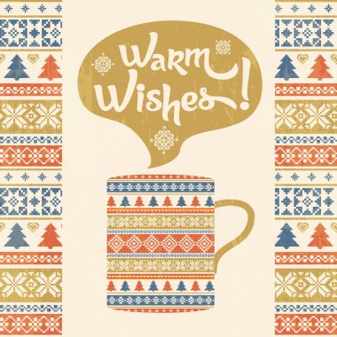 Sıcak dilek arka plan. Geleneksel örgü süsleme ve sıcak içecek bir fincan. Tebrik kartı tasarım şablonu