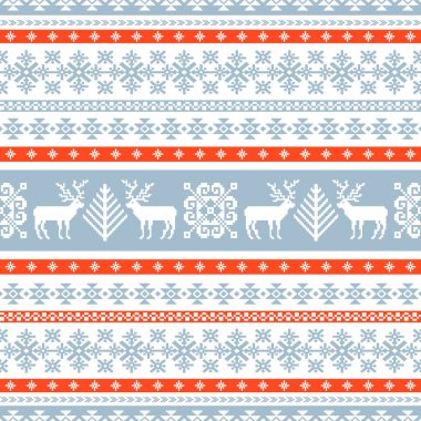 Noel ağaçları ve reindeers arka plan. Geleneksel İskandinav örgü motifleri. Dikişsiz dekoratif desen