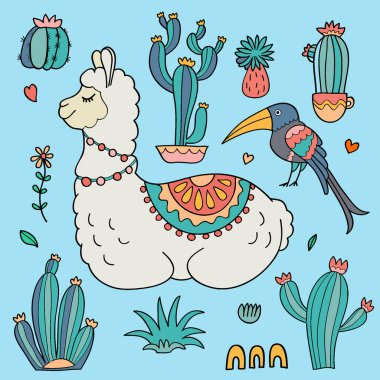 Llama Alpaca, kaktüs ve kuş.