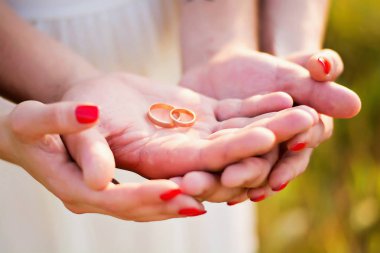 Evlilik yüzükleri yeni evlilerin ellerinde. 