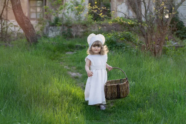 Beautiful Little Girl Walking Countryside Child White Dress Wicker Basket — Stock Photo, Image