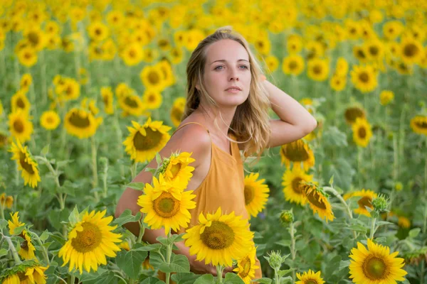 Happy Woman Sunflowers Girl Fields Sunflower — Stock Photo, Image