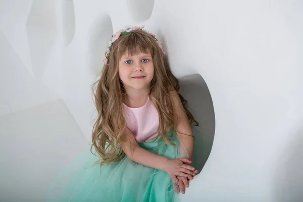 Hermosa Niña Vestido Menta Chica Con Una Corona Flores Una — Foto de Stock