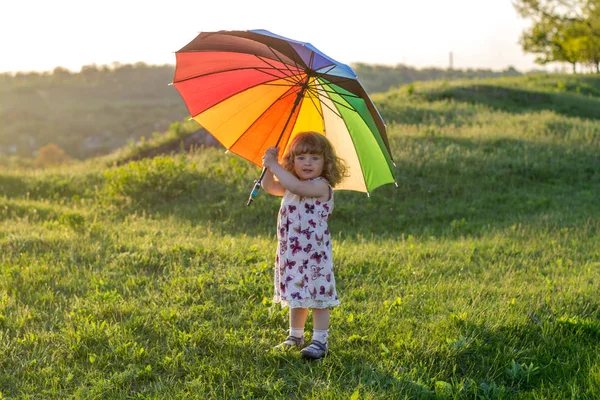 Beautiful Girl Plays Nature Colorful Umbrella Rainbow Umbrella Hands Child — Stock Photo, Image