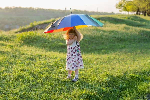 Beautiful Girl Plays Nature Colorful Umbrella Rainbow Umbrella Hands Child — Stock Photo, Image