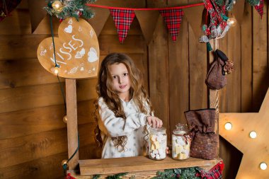 Kız Noel ağacının yakınında. Çocuk tatlılar. Noel tatili