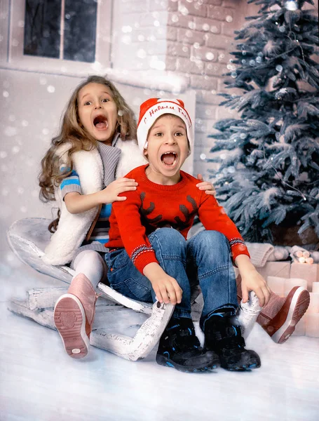 Menina Menino Rir Enquanto Sentado Trenó Crianças Perto Árvore Natal — Fotografia de Stock