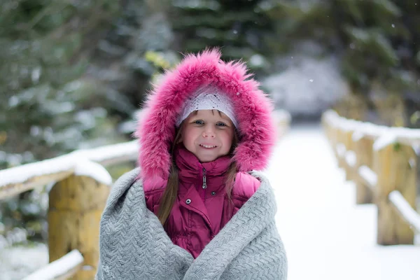 Portret Uroczej Dziewczynki Drewnianym Moście Lesie Zimowym — Zdjęcie stockowe