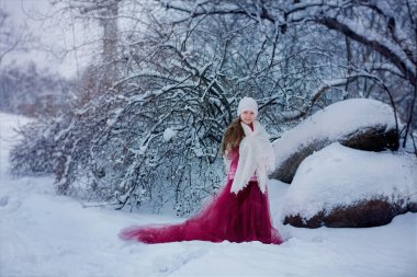 Bir kız güzel bir elbise içinde karlı bir ormanda. Karlı doğa ve çocuk. Kız uzun elbise