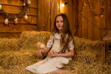 Kız güler ve elinde bir tavuk tutar. Çocuk samanlıkta oturuyor. Hayvanlarla kırsal uzun saçlı güzel çocuk