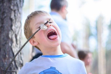 Şişli bir çocuk şekerleme yer. Doğada bir çocuğun portresi