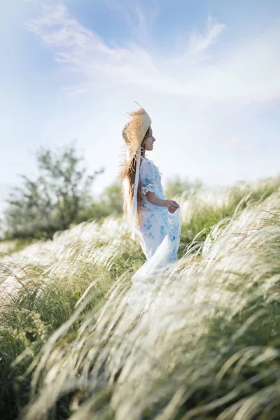 Una Chica Con Sombrero Paja Campo Chica Con Pelo Largo — Foto de Stock