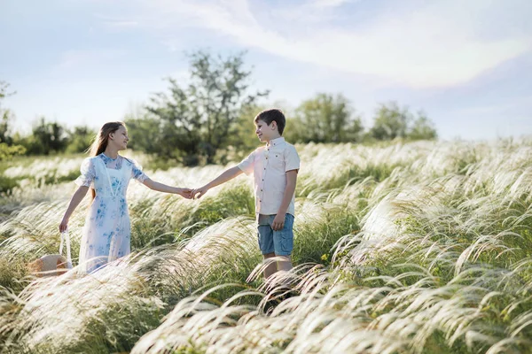 Een Jongen Een Meisje Spelen Velden Kinderen Een Stro Hoed — Stockfoto