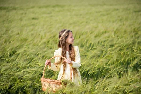 Campo Trigo Verde Hermosa Chica Camina Campo Niño Con Una — Foto de Stock