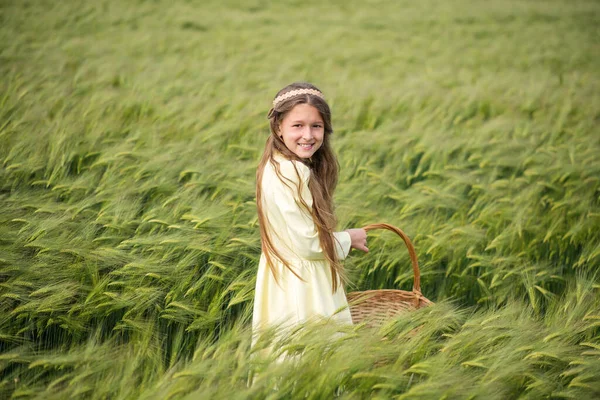 Champ Blé Vert Belle Fille Marche Dans Champ Enfant Avec — Photo