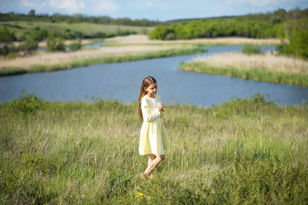 Zöld Búzamező Gyönyörű Lány Sétál Mezőn Egy Kosaras Gyerek Tüskéket — Stock Fotó