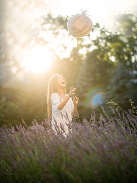 Beautiful Girl Long Hair Sunset Park Girl Lavender Field Child — Stock Photo, Image