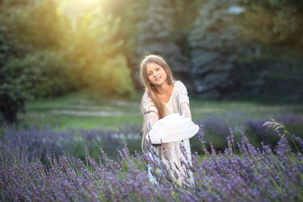 Красива Дівчина Довгим Волоссям Заході Сонця Парку Дівчинка Лавандовому Полі — стокове фото