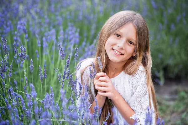 Schöne Mädchen Mit Langen Haaren Bei Sonnenuntergang Park Mädchen Lavendelfeld — Stockfoto