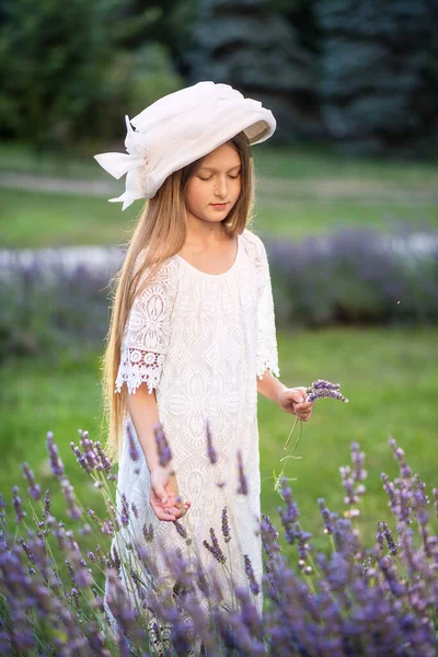 Schöne Mädchen Mit Langen Haaren Bei Sonnenuntergang Park Mädchen Lavendelfeld — Stockfoto