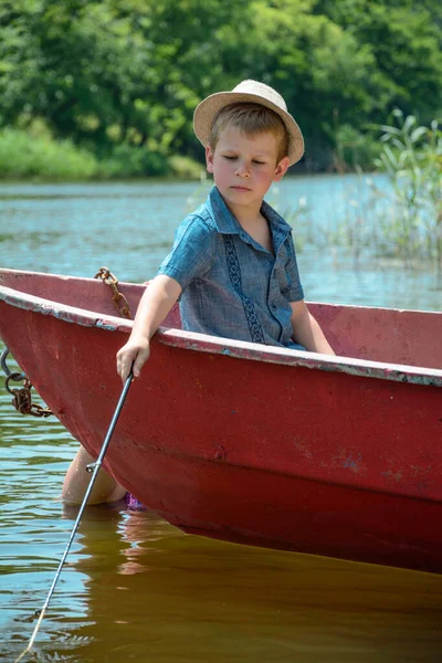 Little Boy Fishing Boat — Stock Photo, Image