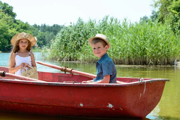 Children Travel Boat Boy Girl Fishing Children Boat Sail River — Stock Photo, Image