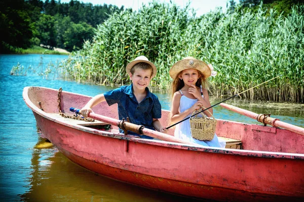 Children Travel Boat Boy Girl Fishing Children Boat Sail River — Stock Photo, Image