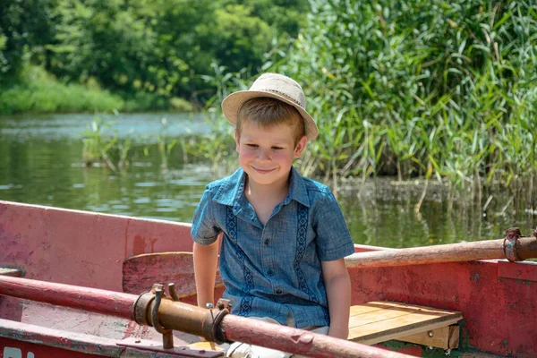 Little Boy Fishing Boat — Stock Photo, Image